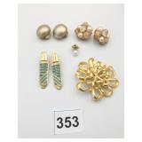 GOLD TONE PIN TRIFARI BLUE ENAMEL DROP EARRINGS