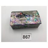 BLACK LACQUER SHELL INLAY BOX 4" X 2.75" HINGED