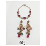 EARRINGS 3" DROP GOLD TONE GREEN STONES RED GLASS