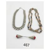 NECKLACES SILVER TONE MESH CHAIN BIG CLEAR GLASS