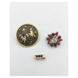 DAMASCENE BIRD PIN SMALL RHINESTONE PIN ETC.
