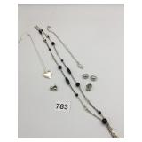 NECKLACE SILVER TONE BLACK BEADS EARRINGS