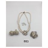 PEARL NECKLACE DOUBLE STRAND RHINESTONE FLOWER