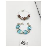 BLUE GLASS SILVER TONE BRACELET BROWN GLASS BEAD