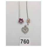 SILVER 925 FILIGREE HEART PENDANT PINK RHINESTONE