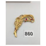 PIN GOLD TONE 4.5" FEATHER RED STONES