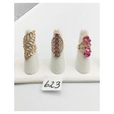 THREE GOLD TONE COCKTAIL RINGS SIZE 7