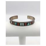 SIGNED SILVER TONE INLAY CUFF BRACELET NATIVE