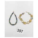 BEADED BLUE BRACELET GOLD TONE CHAIN BRACELET