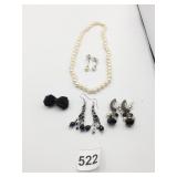 PEARL NECKLACE EARRINGS BEADED BLACK BUTTON