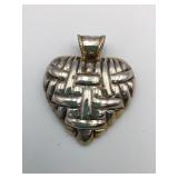 LARGE SILVER TONE HEART PENDANT WOVEN LOOK