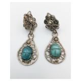 DROP SILVER TONE EARRINGS BLUE STONE SCARAB