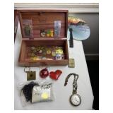 TRINKET BOX WITH KEYCHAINS, LIGHTER, WATCH,