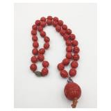 VINTAGE CARVED CINNABAR BEADED NECKLACE LARGE
