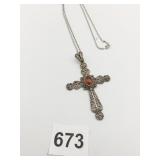 SILVER 925 MARCASITE CROSS PENDANT NECKLACE BROWN