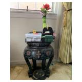 SMALL ASIAN STYLE TABLE, WIRE BASKET OF SPONGES