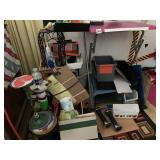 ITEMS ON FLOOR NEXT TO TV CABINET, PLANT STANDS,