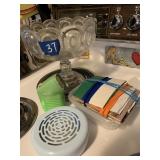 GLASS DISH ON PEDESTAL, FLASHLIGHT, AND MORE