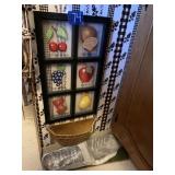 FRAMED FRUIT ART, DAMAGED WALL BASKET, TIN FOIL