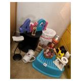 STEP STOOL, CD HOLDER, WOODEN ANGEL, TOILETRIES,