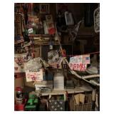 ITEMS ON WALL AND SHELF IN BASEMENT, COLLAGE ART,