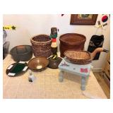 PLANTER BASKETS, WOODEN STOOL, GOOSE BASKET, ETC.
