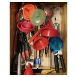 KITCHEN ITEMS INCLUDING FUNNELS, CAN OPENERS