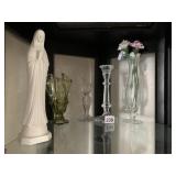 PETITE GLASS VASES AND MOTHER MARY FIGURINE