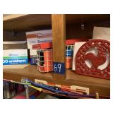 ITEMS ON SHELF, ROOSTER NAPKIN HOLDER, ENVELOPES