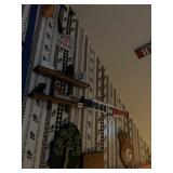 WOODEN SHELVES WITH ASSORTED ITEMS, ITEMS HANGING
