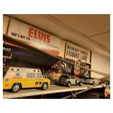 ITEMS ON SHELF, BASEMENT STAIRWAY, TOY CARS AND