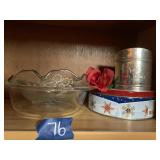 FIRE KING GLASS FLORAL DISH, FOLEY SIFTER,