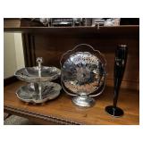 HAMMERED ALUMINUM 2 TIER TIDBIT TRAYM BLACK GLASS