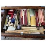 DRAWER FULL OF VARIETY OF CANDLES, WOOD RULER,