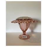 PINK DEPRESSION GLASS VASE WITH GLASS FLOWER FROG