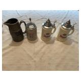 3 BEER STEINS WITH PEWTER LIDS AND PEWTER