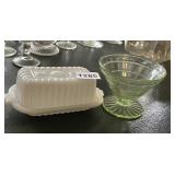 VASELINE PEDESTAL URANIUM BOWL & WHITE MILK GLASS