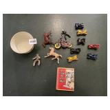 MINIATURE METAL ANTIQUE CAR TOYS, PLASTIC HORSES,