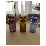 3 JARS ONE BROWN, ONE BLUE DOME TOP, ONE PURPLE