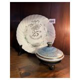 GLAZED POTTERY VASE AND 25TH ANNIVERSARY PLATE