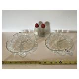 2 GLASS DIVIDED SERVING DISHES AND SALT AND