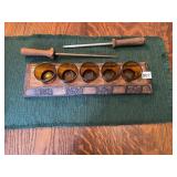 WOODEN 5 CANDLE CENTERPIECE, KNIFE SHARPENERS,