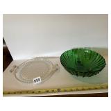 GREEN GLASS SERVING BOWL AND CLEAR GLASS WITH