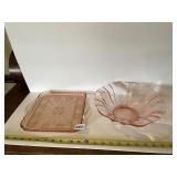 PINK DEPRESSION GLASS BOWL AND SQUARE HANDLED
