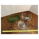 COVERED GREEN BUTTER DISH, JUICER AND CLEAR
