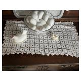 GLASS BOWL WITH EGGS, DOILIE, 1 TINY HEN ON NEST,