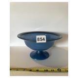 BLUE GLASS FOOTED COMPOTE WITH BLACK BAND ACCENT