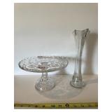 10" FOOTED CAKE PLATE AND CLEAR GLASS VASE