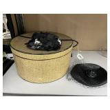 VINTAGE HAT BOX WITH TWO BLACK LADIES HATS