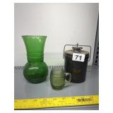 GREEN GLASS VASE, GREEN GLASS BARREL SHOT GLASS,